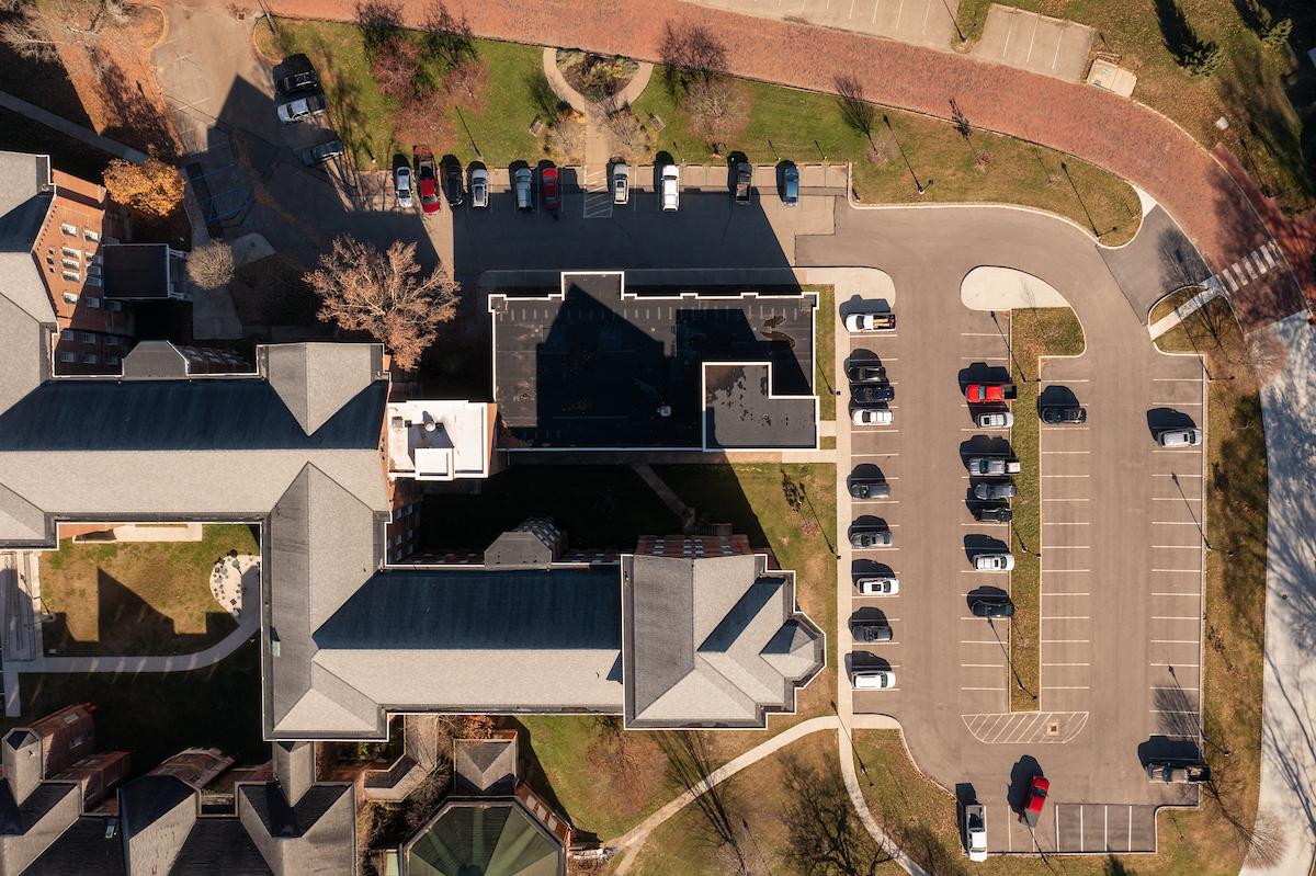 An aerial view of the Flexspace buildings and parking at the Ridges