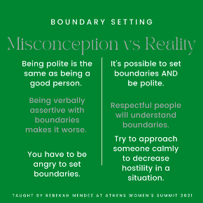 Boundary setting taught by Rebekah Mendez at Athens Women’s Summit. Graphic created by Zoe Felber.