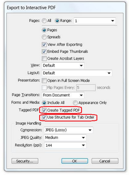 Screenshot of InDesign Export to Interactive PDF options