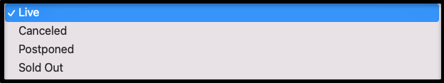 Status choices: Live, Cancelled, Postponed, 