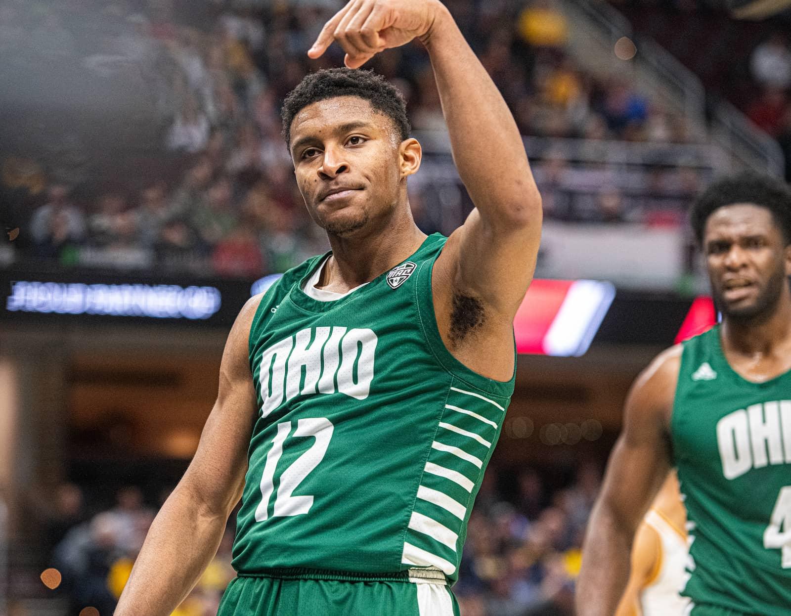 Ohio’s Jaylin Hunter celebrates after drawing a foul against Toledo. Hunter scored a career-high 27 points in the game. 