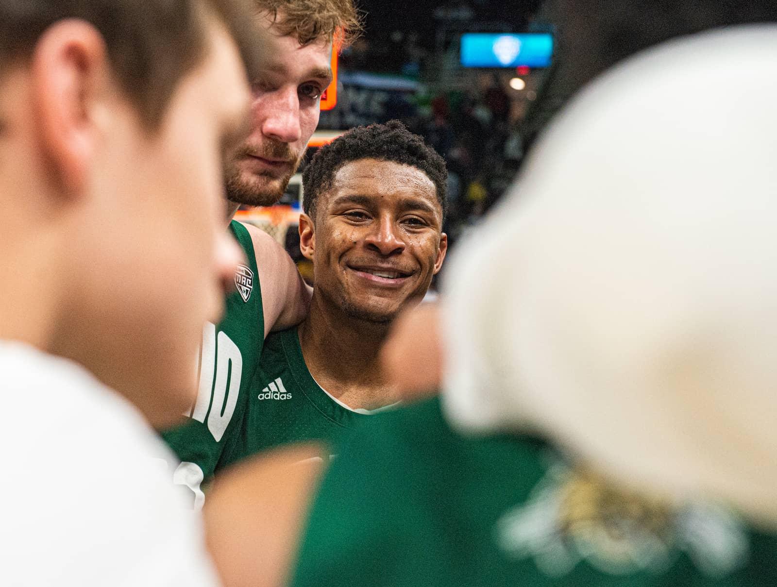 Ohio’s Jaylin Hunter smiles with tears in his eyes during a postgame team huddle. 