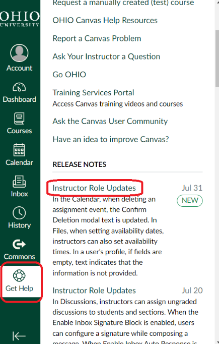 A screenshot of Canvas, displaying the Release Notes within the Get Help menu