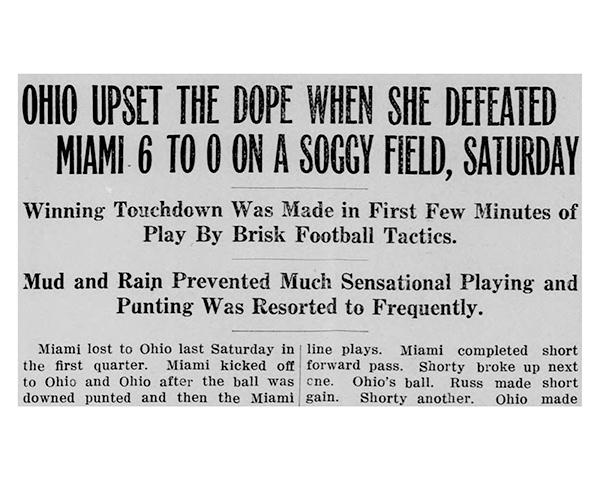 A newspaper article from the October 15, 1914 edition of "The Green & White Newspaper." The article details Ohio University's first win against Miami.