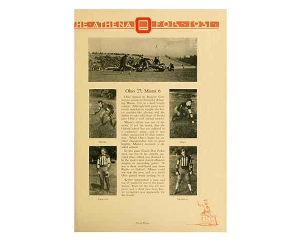 A 1930-1931 Athena Yearbook page details Ohio University's first win against Miami in Oxford.