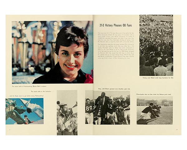 A 1960-1961 Athena Yearbook page with photos and details about a win against Miami on Homecoming.