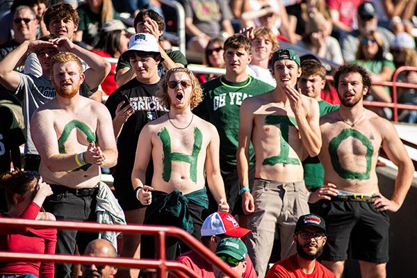 Ohio fans that made the trip to Oxford cheer on the Bobcats during the first half of the Battle of the Bricks on Saturday, October 19, 2024. 