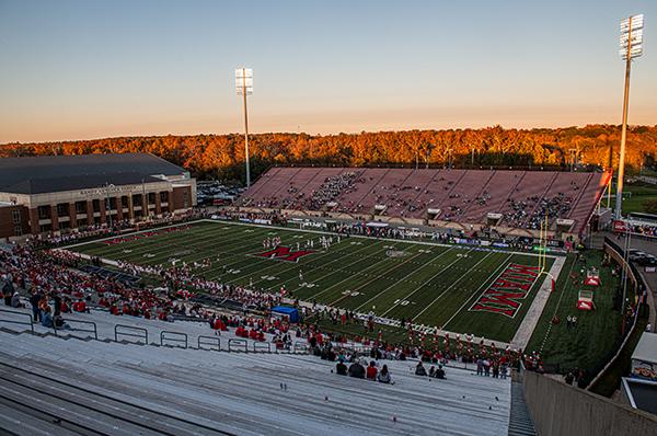 The sun sets on Yager Stadium in Oxford, Ohio, at the end of the 2024 Battle of the Bricks football game, the 100th all-time meeting of Ohio and Miami.