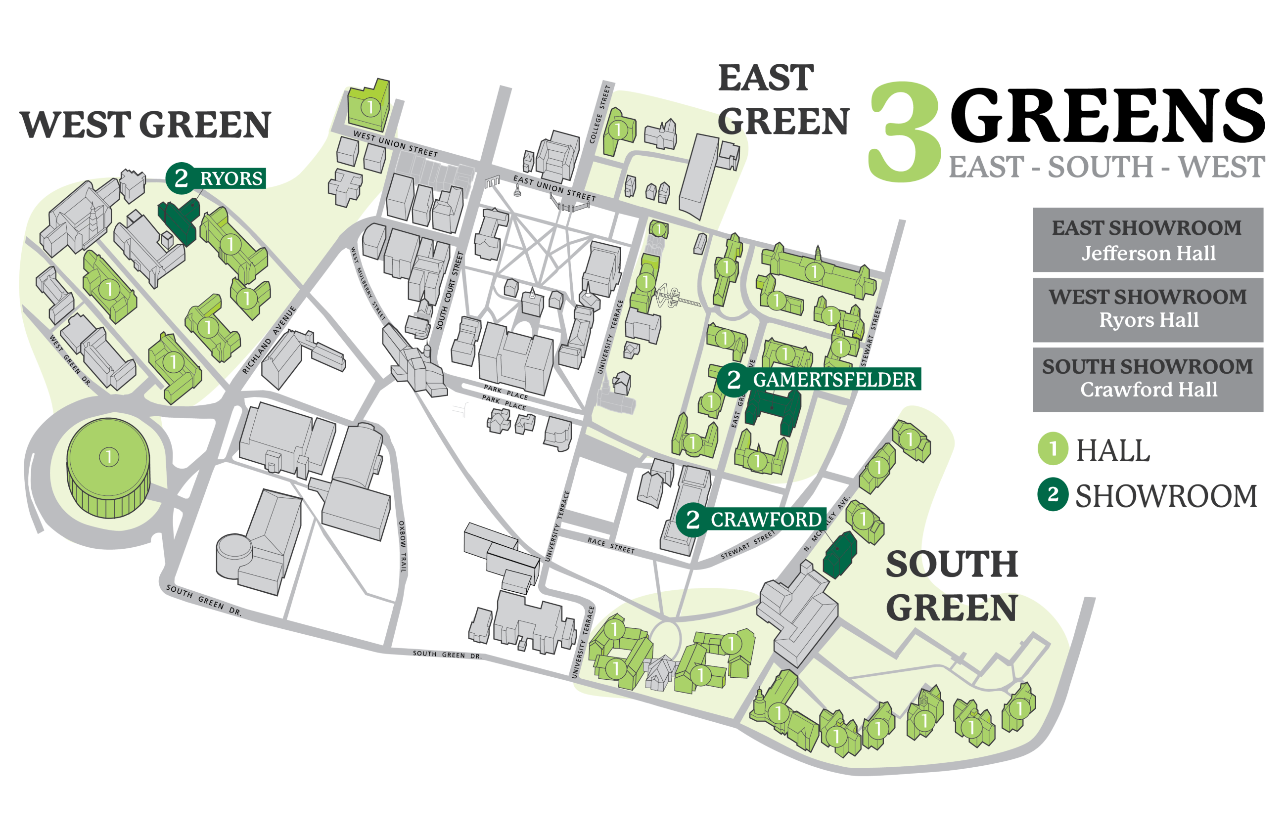 map of campus with three showrooms highlighted