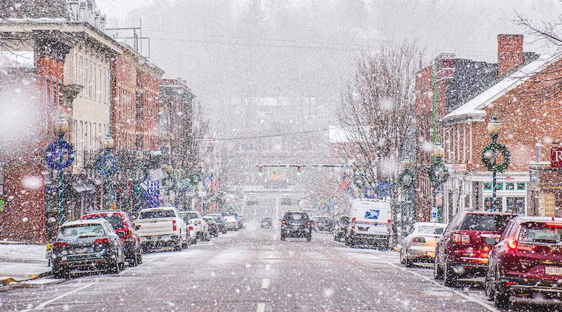 A snowy view of Court Street in Athens, Ohio.