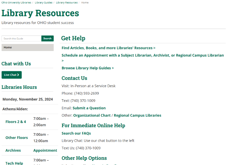 Screenshot of Library Resources Get Help page