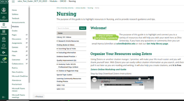 Screenshot of Canvas Nursing library guide module