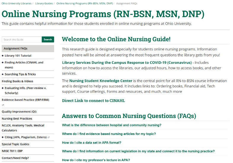 Screenshot of Online Nursing Programs page with welcome and FAQs