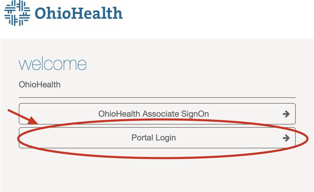 Screenshot of OhioHealth portal login with a red circle and arrow pointing user to the correct option