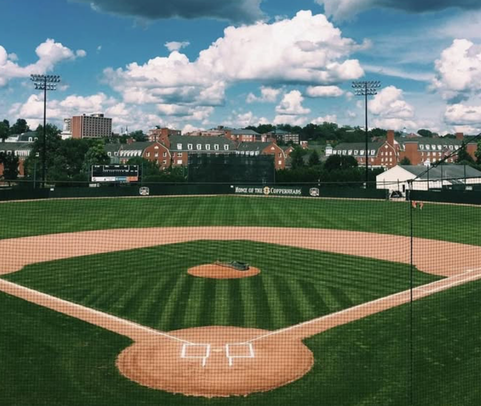 View of the copperheads baseball field from behind home plate