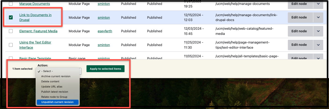 screenshot: bulk change to unpublish page