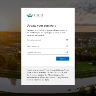 "Update your password" prompt from the Ohio University single sign-on screen. Full text: "You need to update your password because this is the first time you are signing in, or because your password has expired."
