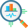 Magnifying glass graphic with charts in background