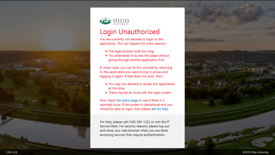 Screenshot of "Login Unauthorized" error message from the Ohio University single-sign on screen.