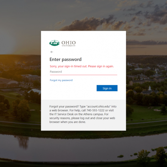 Screenshot of "Sorry, your sign-in timed out. Please sign in again." error message from Ohio University single sign-on screen.