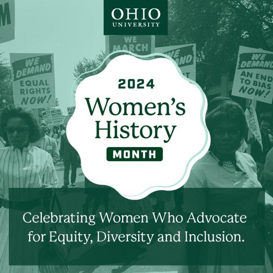 Graphic with text "2024 Women's History Month: Celebrating Women Who Advocate for Equity, Diversity and Inclusion."