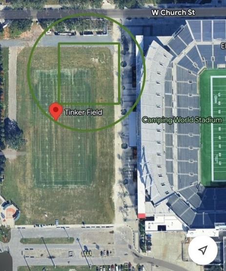 Overhead map view of Tinker Field with square outline around upper right corner.