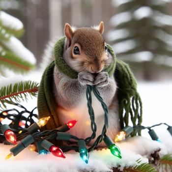 A computer generated image of a grey squirrel wearing a green scarf and chewing on a string of colored holiday lights