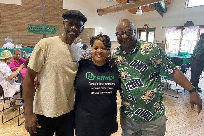 (From left) OHIO alumni Johnny Webb, BSJ ’80, Marilyn Turner-Evans, BSED ’83, and Anthony Webb, BSC ’76, pose for a photo at the 1970's reunion held in June in Cleveland.