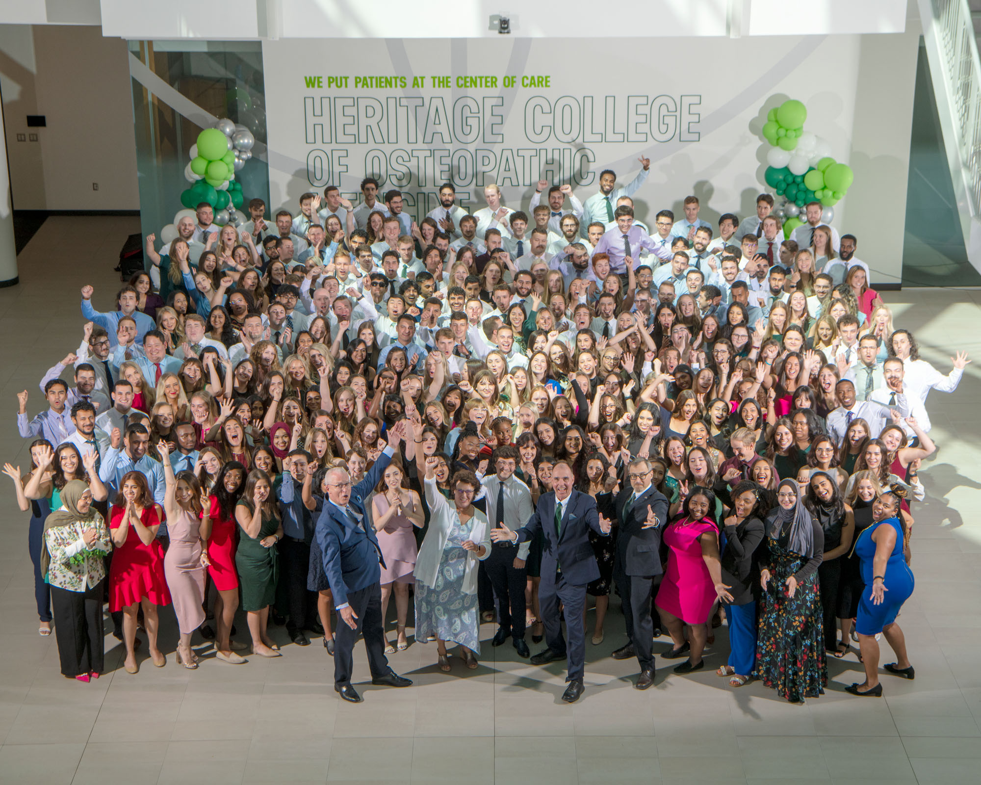 First year students from Athens, Cleveland and Dublin pose for a photo at Heritage Hall.