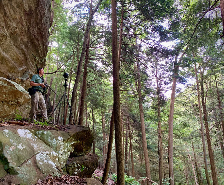 Matt Love, MFA ’18, immersive media production manager at the Game Research and Immersive Design (GRID) Lab, captures the sights and sounds at a local nature preserve that is part of the OHIO Museum Complex.