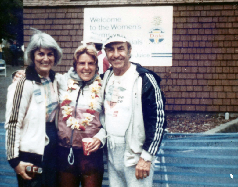 Dr. Kitty Consolo is pictured with her mom, Jeanne, and her dad, Dom, at the 1984 women’s Olympic marathon trials, which she qualified for and competed in after advocating for the event. Photo provided by Kitty Consolo