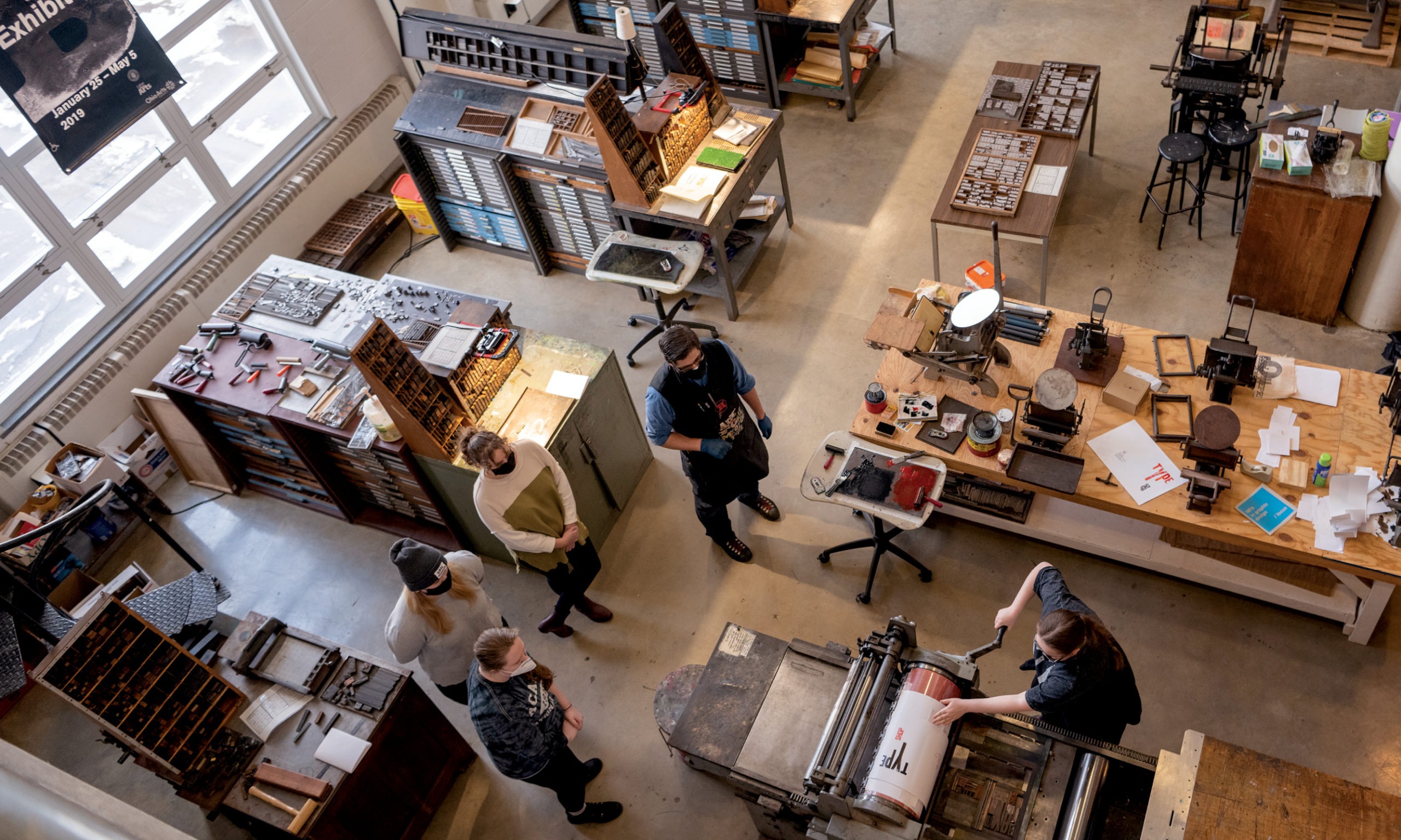 Top-down view of Ohio University's TypeShop workspace