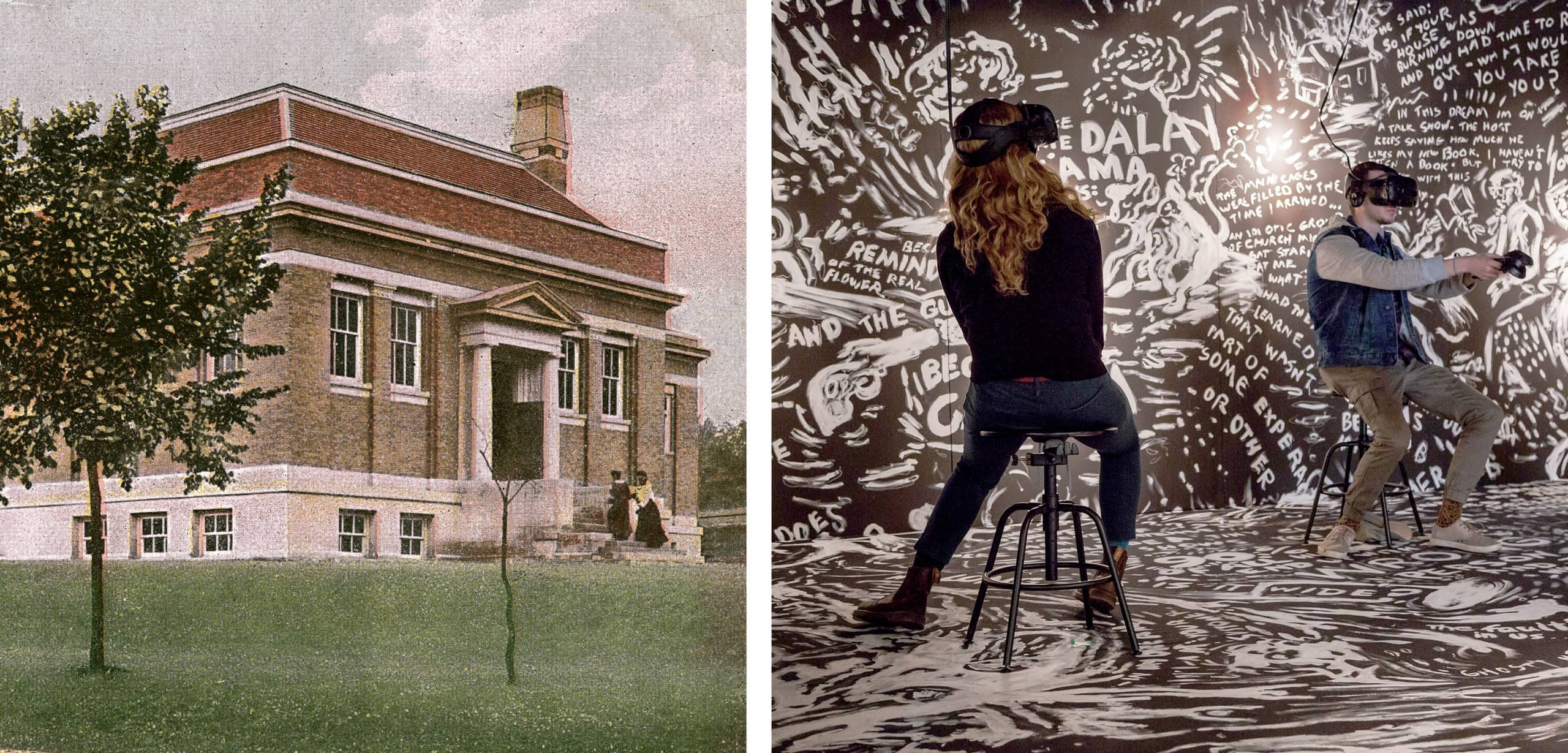 Postcard of Carnegie Library, as well as students interacting with an immersive VR project
