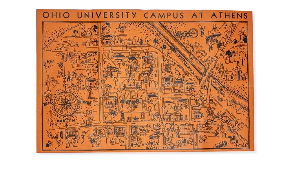 An illustrated map on orange paper, which reads 'Ohio University Campus at Athens'