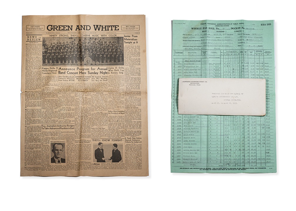 The newspaper 'The Green and White', as well as a weekly payroll dated 1935.