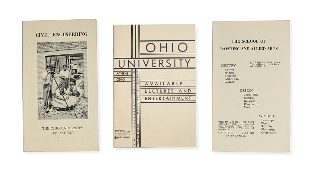 Three brochures left to right: 'Civil Engineering', 'Ohio University: Available Lectures and Entertainment', and 'The School of Painting and Allied Arts.'