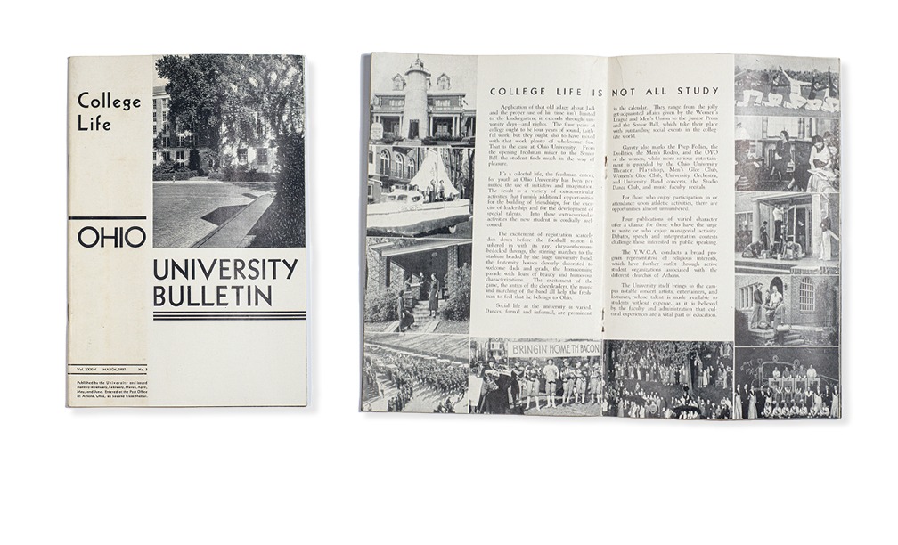A brochure which says 'College Life: Ohio University Bulletin.' On the inside across the top, it says 'College Life is Not All Study.'