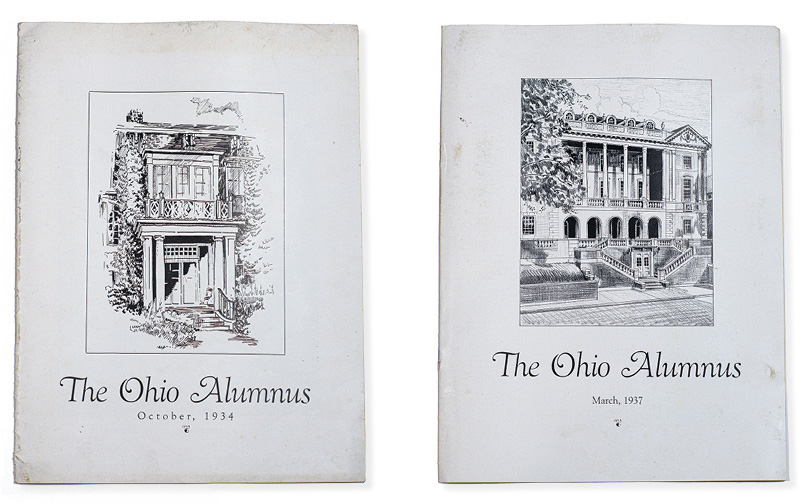 Two booklets, one reads 'The Ohio Alumnus, October, 1934' and the other reads 'The Ohio Alumnus, March,1937.'