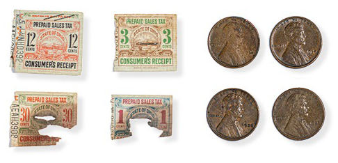 Four prepaid state tax stamps on the left, four pennies on the right