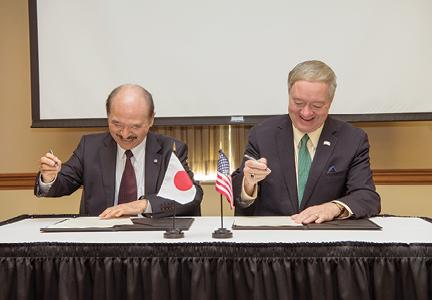 Chubu University President Osamu Ishihara attends the investiture of Ohio University President M. Duane Nellis.