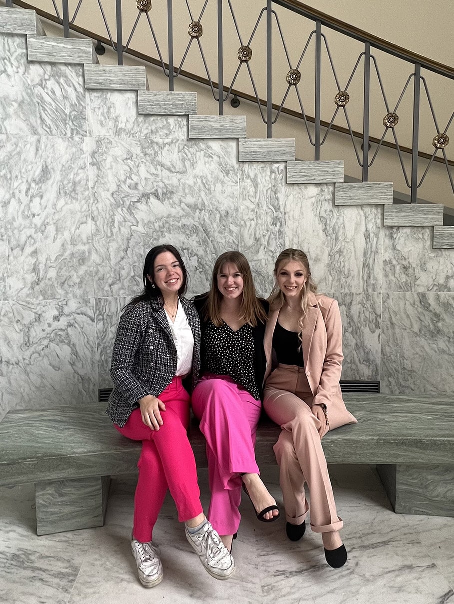 OHIO Student Senate leaders Carson Sarver ’24, Megan Handle ’24, and Kennedy Huntsman BA ’23 during a Senate advocacy trip to Washington, DC in 2023.