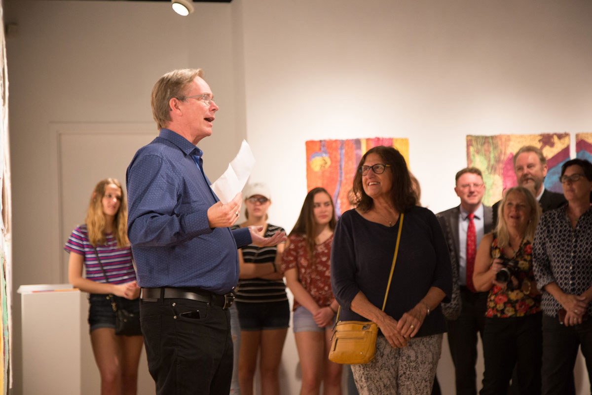 Professor of Printmaking Art Werger introduced his colleague and long-time friend to faculty, administration, students, and visiting alumni gathered on September 22, 2017, at the States of Being exhibition in Trisolini Gallery in Baker University Center.