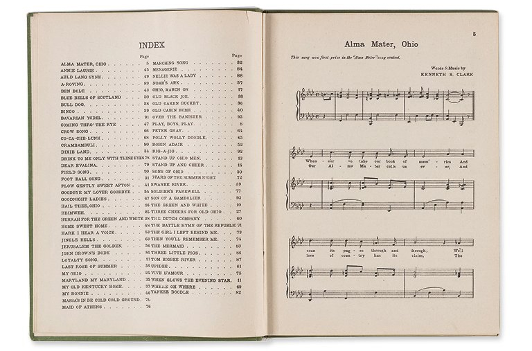 This university songbook was compiled in 1915 and includes songs like “Alma Mater, Ohio.” 