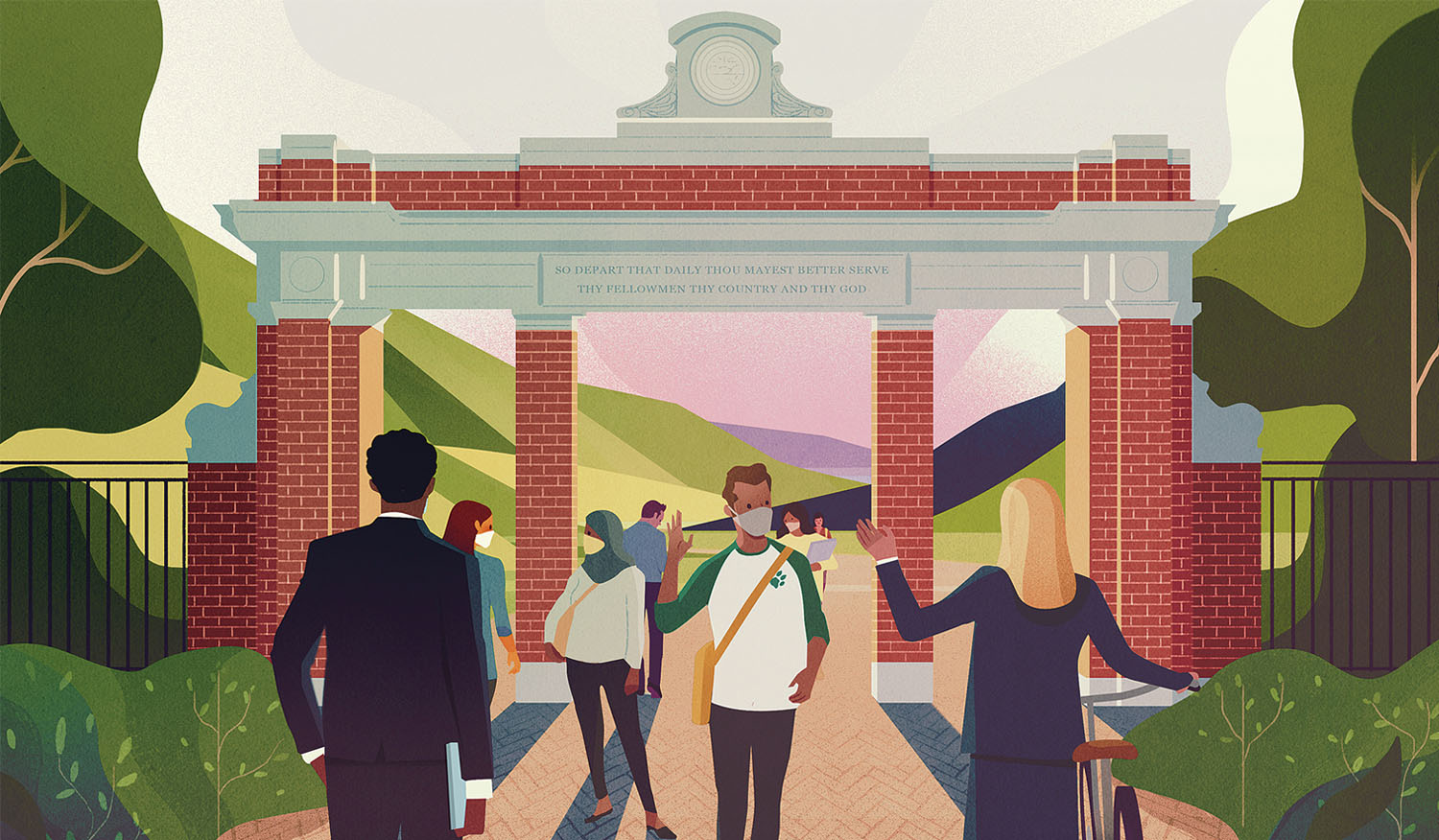 An illustration of the Ohio University College Gateway which reads, 'So depart that daily thou mayest better serve thy fellowman thy country and thy God.' Several illustrated alumni interact by speaking or waving to each other near the College Gateway.