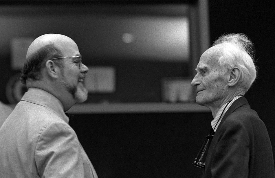 OHIO Professor Emeritus Sam Crowl (LEFT) and former OHIO President John Baker at the 1992 Baker Peace Conference, then in its fourth year. Photo courtesy of the Mahn Center for Archives & Special Collections