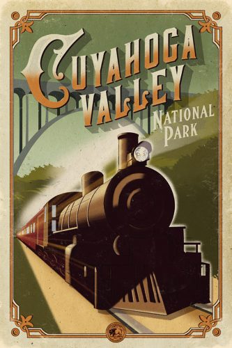 Cuyahoga Valley National Park poster with a stylized train moving through a forest under a bridge