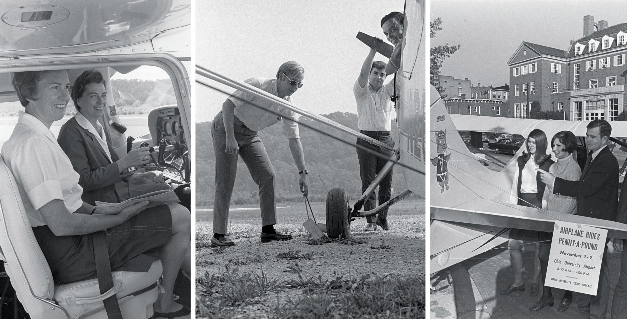 collage of three vintage photos of people in Athens in or looking at airplanes