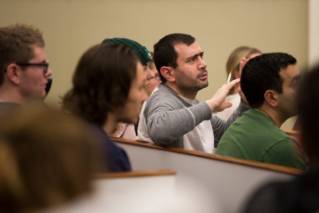 An audience member asks a question during the March 2018 George Washington Forum on “Public Bioethics and Human Identity.” Photo by Madeleine Hordinski, BSVC ’20