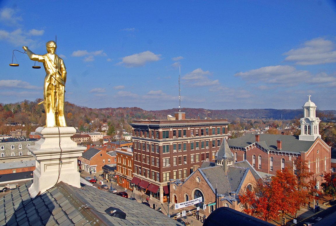 Aerial view of Athens from Court Street during the fall