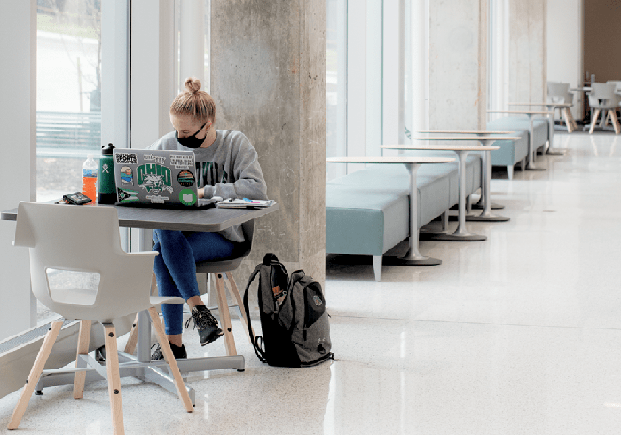 A student studies in the Chemistry Building study space